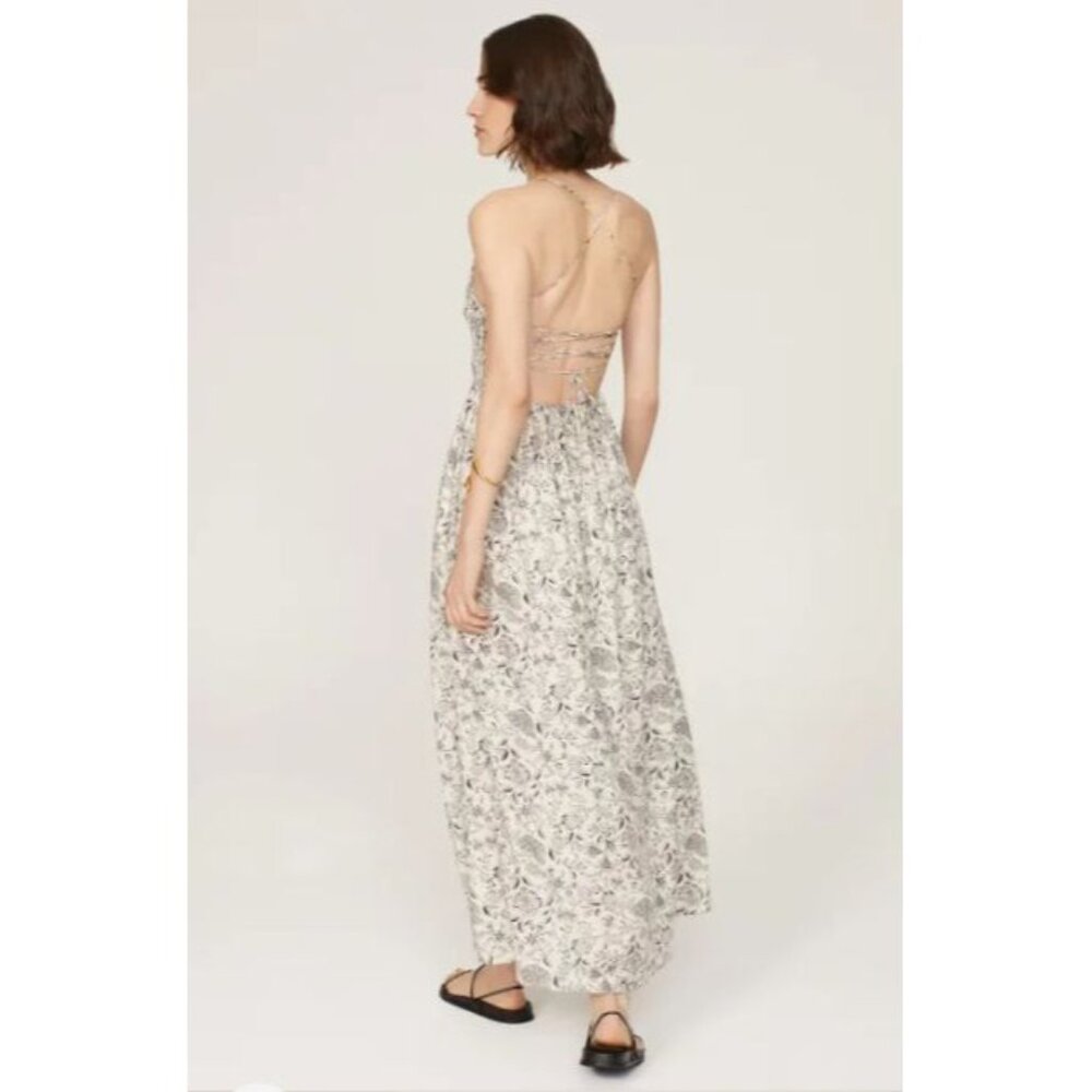 ASTR the Label Floral Print Maxi Linen Dress With Smocked Bodice Back Tie S - Picture 4 of 11